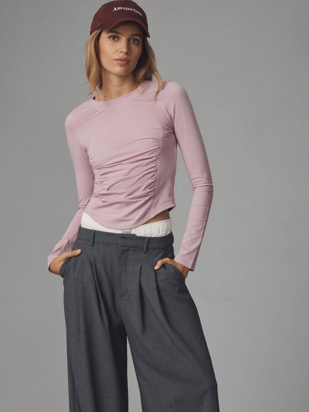 ANTHROPOLOGIE Daily Practice Women's Long Sleeve Ruched Front Top - Mauve, Sz L.